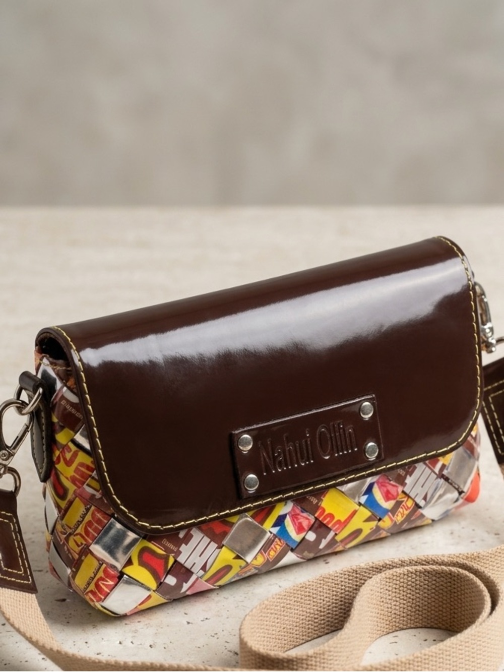 Nahui Ollin Brown Leather-Flap Multicolor Woven Crossbody Bag
